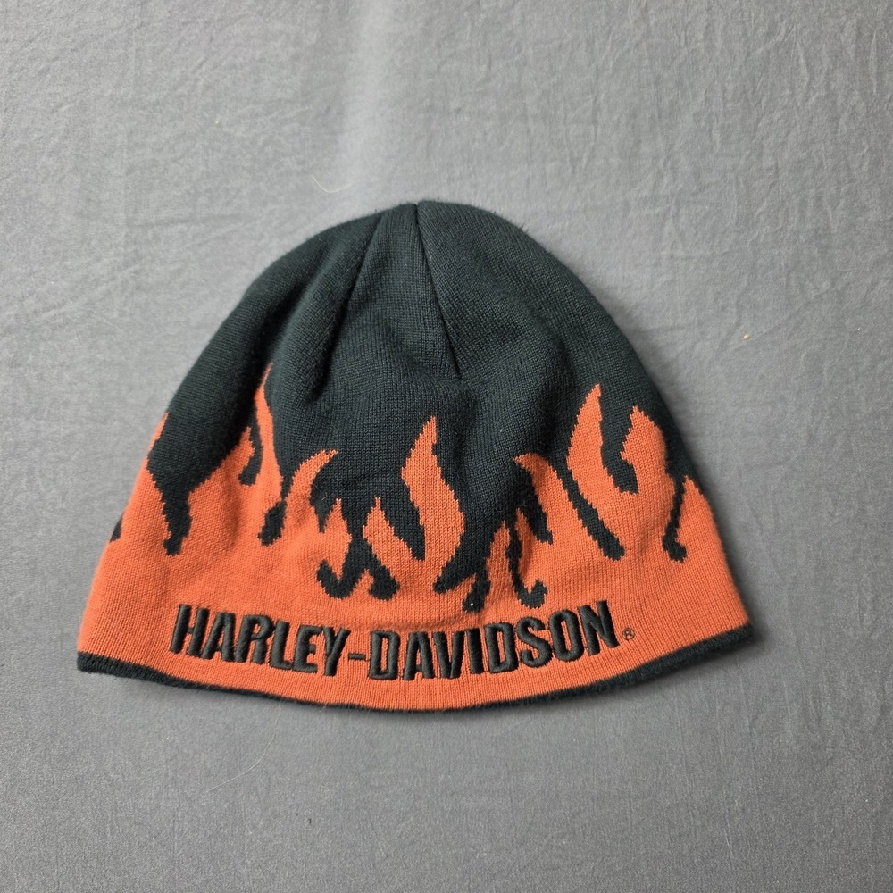 Harley-Davidson Flame Beanie Hat Black & Orange Men Vintage Y2k